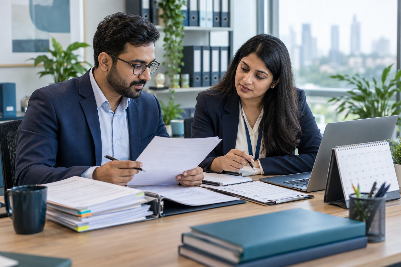Insurance operations professionals reviewing checklists and compliance records